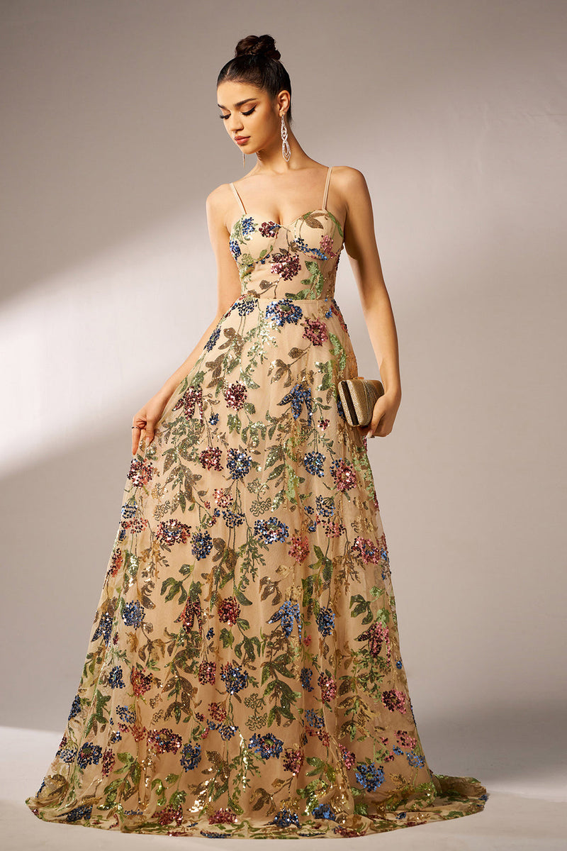 Load image into Gallery viewer, Sparkly Floral Apricot A-Line Long Prom Dress