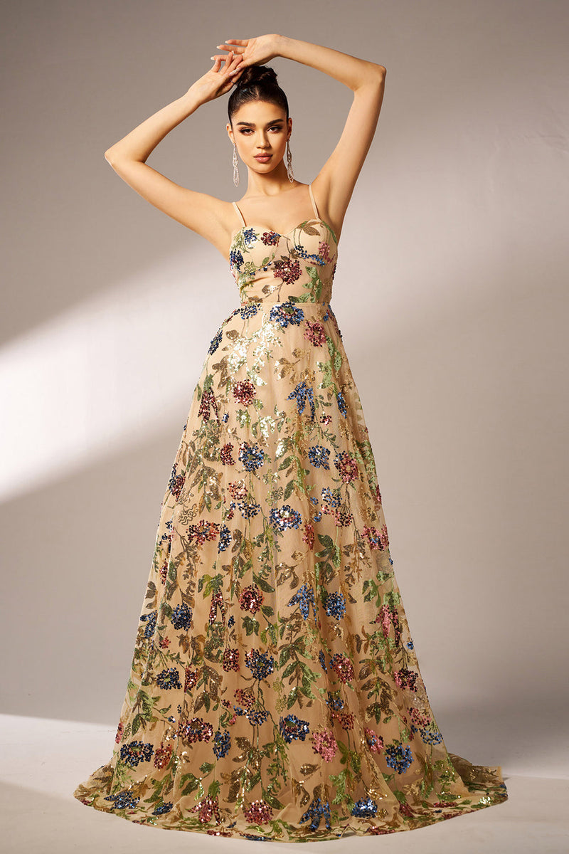 Load image into Gallery viewer, Sparkly Floral Apricot A-Line Long Prom Dress