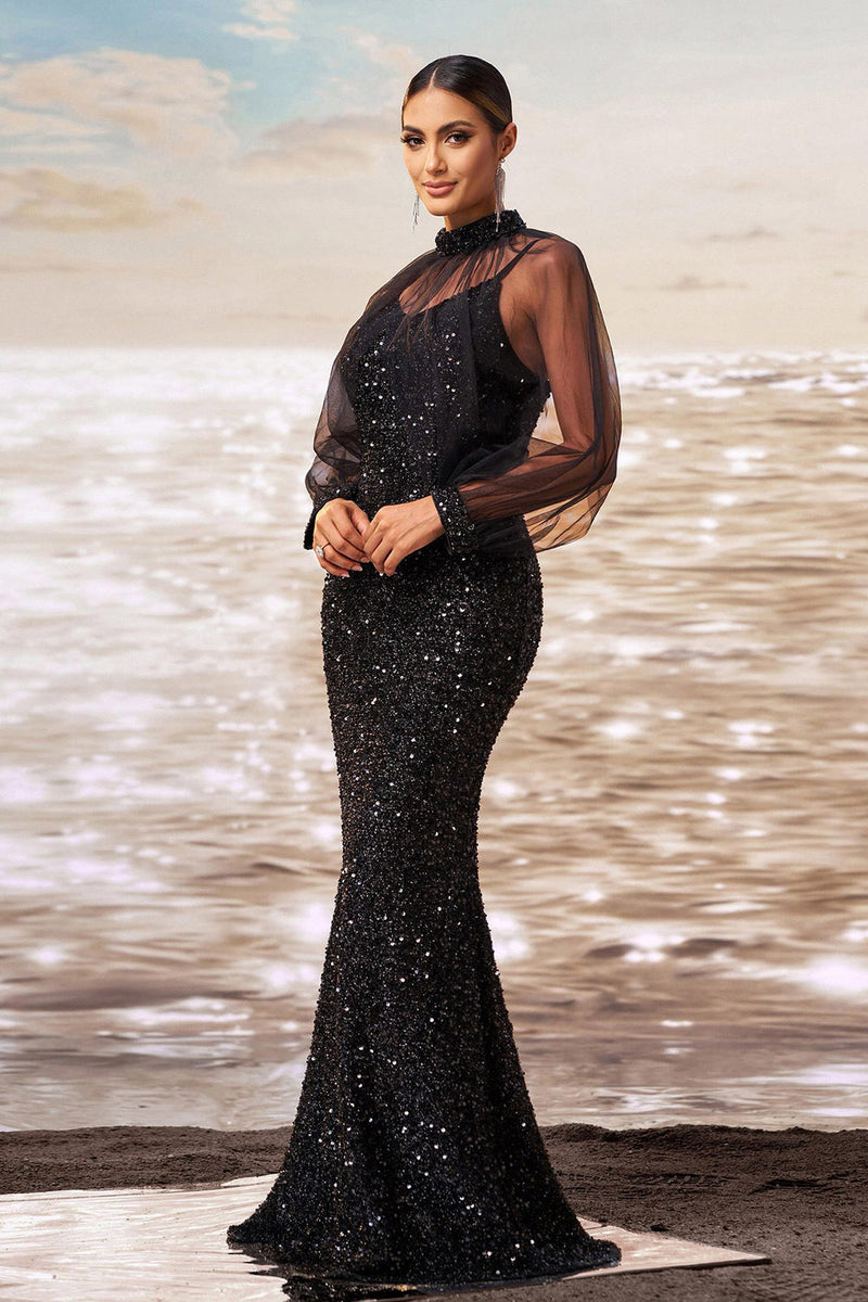 Load image into Gallery viewer, Sparkly Mermaid Black Sequin Long Sleeves Prom Dress