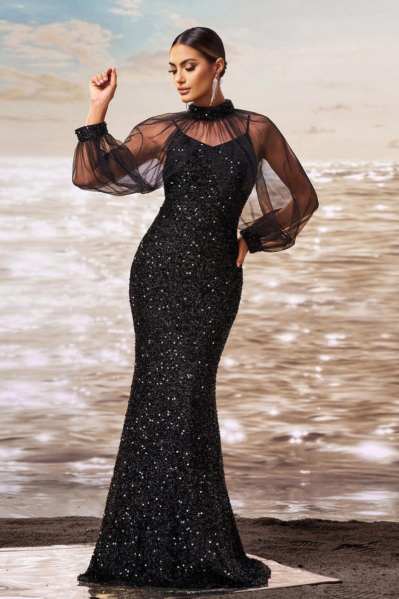 Load image into Gallery viewer, Sparkly Mermaid Black Sequin Long Sleeves Prom Dress