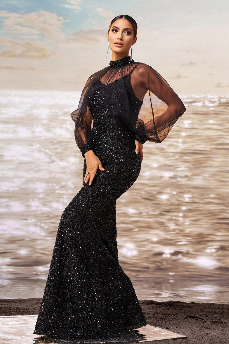 Load image into Gallery viewer, Sparkly Mermaid Black Sequin Long Sleeves Prom Dress