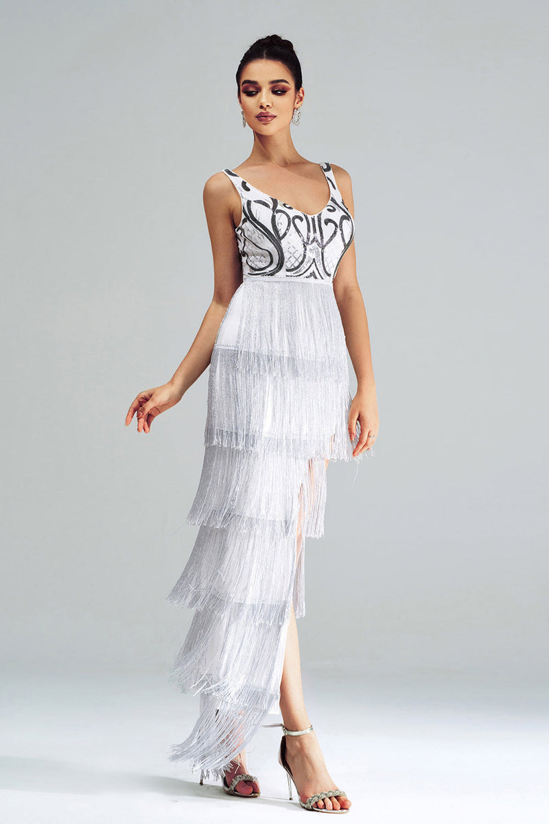 Load image into Gallery viewer, White Sheath Long Prom Dress With Fringes