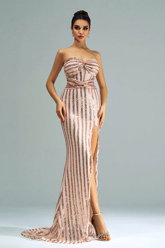 Apricot Mermaid Strapless Sequined Split Prom Dress