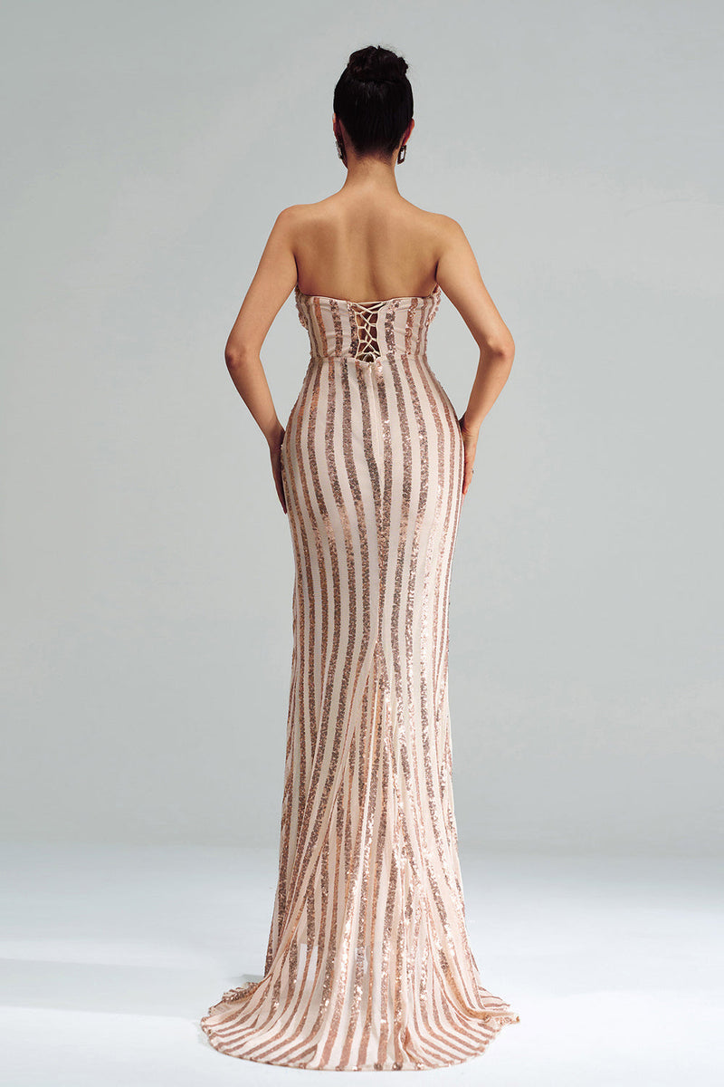 Load image into Gallery viewer, Apricot Mermaid Strapless Sequined Split Prom Dress