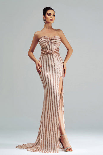 Apricot Mermaid Strapless Sequined Split Prom Dress