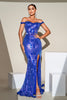 Load image into Gallery viewer, Blue Mermaid Sparkly Sequins Off The Shoulder Prom Dress with Slit