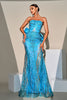 Load image into Gallery viewer, Mermaid Peacock Blue Sequin Strapless Long Prom Dress with Bow Streamer