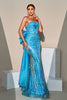 Load image into Gallery viewer, Mermaid Peacock Blue Sequin Strapless Long Prom Dress with Bow Streamer