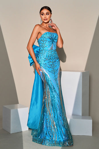 Mermaid Peacock Blue Sequin Strapless Long Prom Dress with Bow Streamer