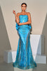 Load image into Gallery viewer, Mermaid Peacock Blue Sequin Strapless Long Prom Dress with Bow Streamer