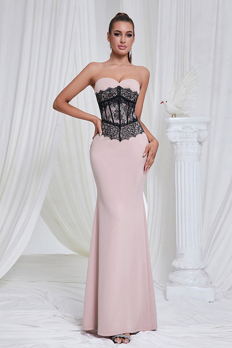 Load image into Gallery viewer, Mermaid Pink Strapless Lace Long Prom Dress