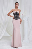 Mermaid Pink Strapless Lace Long Prom Dress