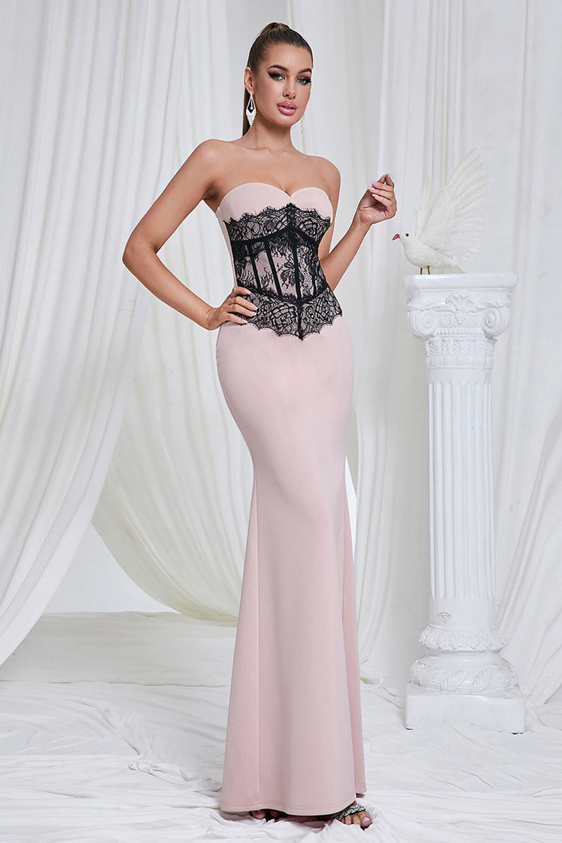 Load image into Gallery viewer, Mermaid Pink Strapless Lace Long Prom Dress