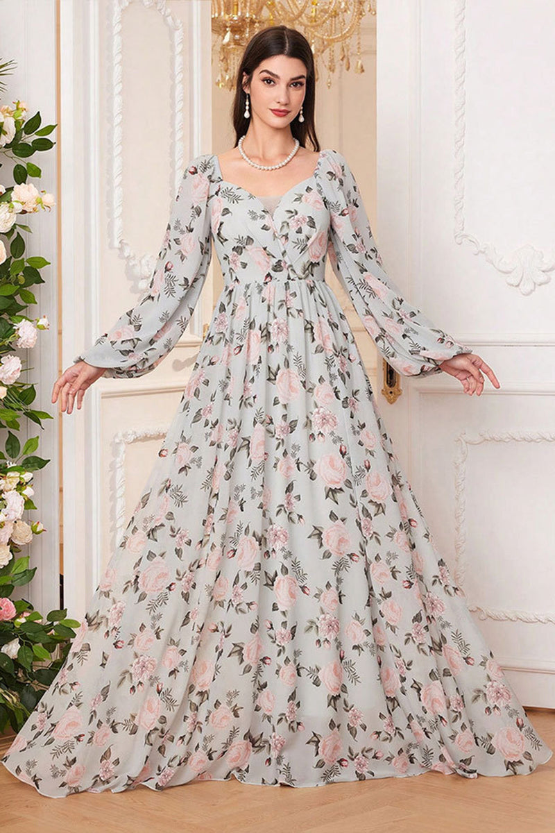 Load image into Gallery viewer, A Line Green Floral Printed Long Sleeves Long Prom Dress