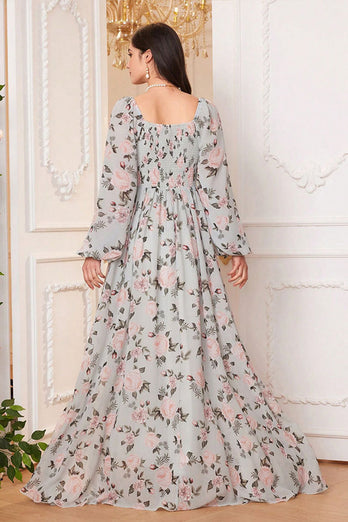 A Line Green Floral Printed Long Sleeves Long Prom Dress