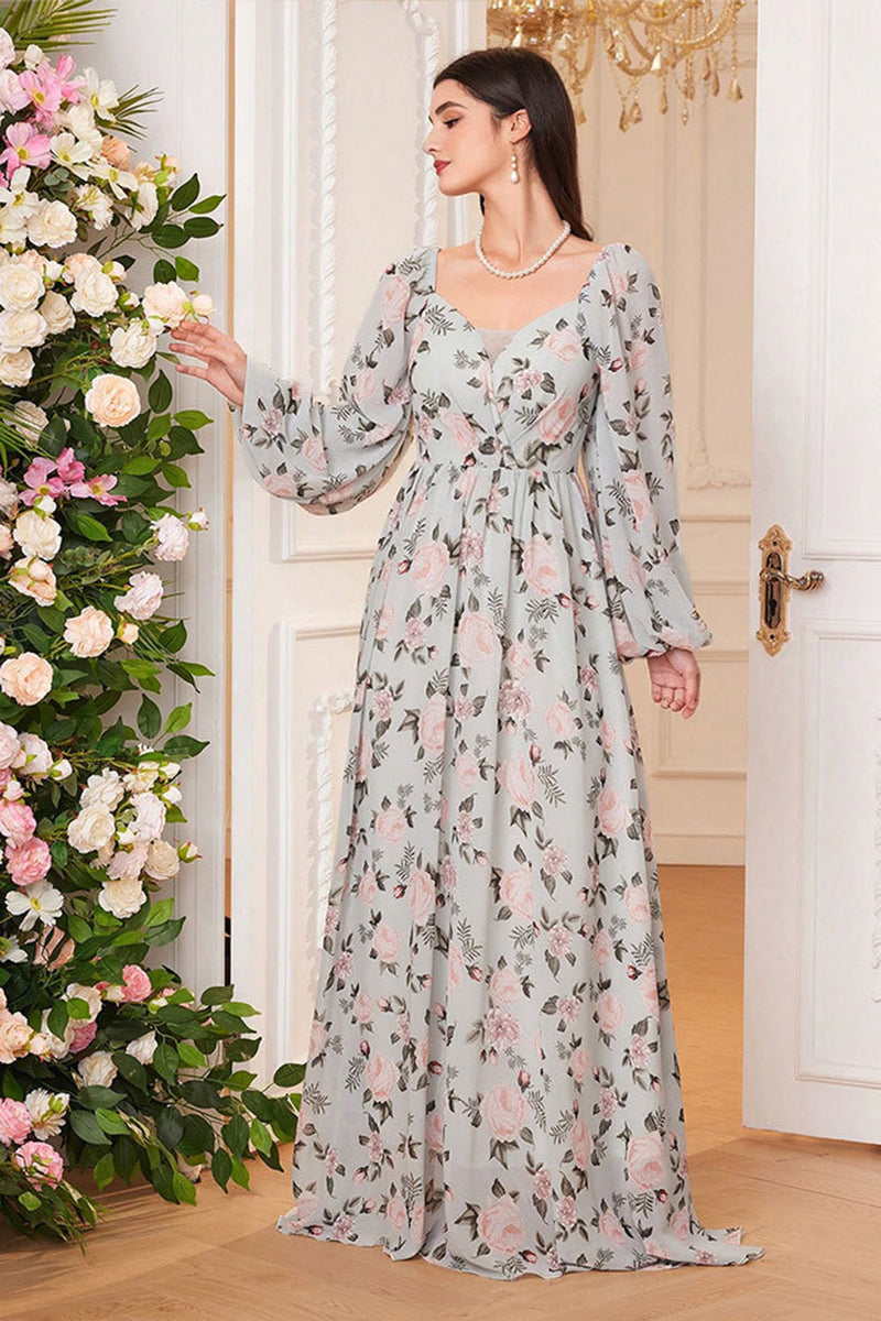 Load image into Gallery viewer, A Line Green Floral Printed Long Sleeves Long Prom Dress