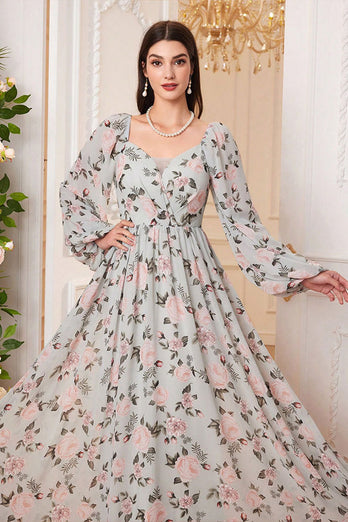 A Line Green Floral Printed Long Sleeves Long Prom Dress