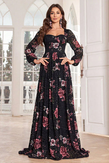 A Line Long Sleeves Floral Print Black Long Prom Dress