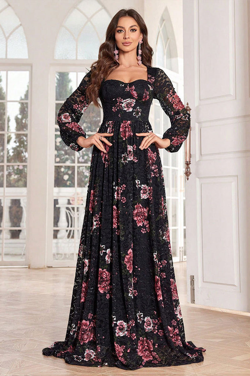 Load image into Gallery viewer, A Line Long Sleeves Floral Print Black Long Prom Dress