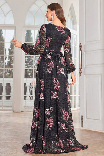 A Line Long Sleeves Floral Print Black Long Prom Dress