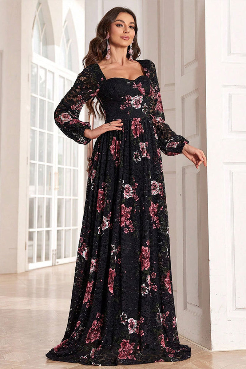 Load image into Gallery viewer, A Line Long Sleeves Floral Print Black Long Prom Dress