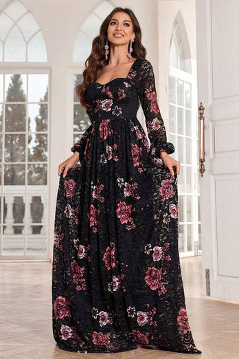 A Line Long Sleeves Floral Print Black Long Prom Dress