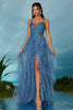 Load image into Gallery viewer, Sparkly Spaghetti Straps Grey Blue Tulle A Line Prom Dress