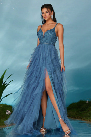 Sparkly Spaghetti Straps Grey Blue Tulle A Line Prom Dress