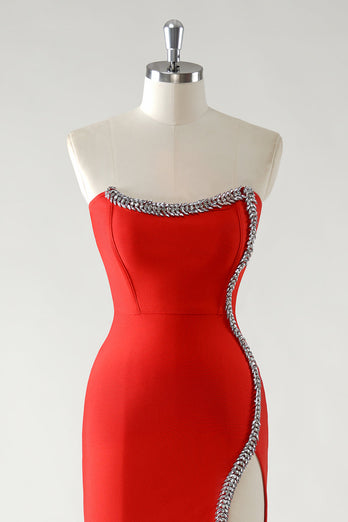 Sparkly Red Sheath Strapless Rhinestones Tea Length Prom Dress with Slit