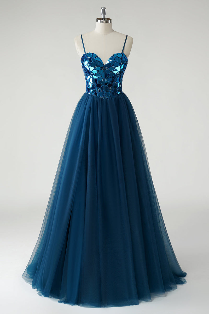 Load image into Gallery viewer, Sparkly Dark Blue Mirror A-Line Long Prom Dress