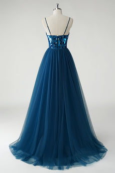 Sparkly Dark Blue Mirror A-Line Long Prom Dress