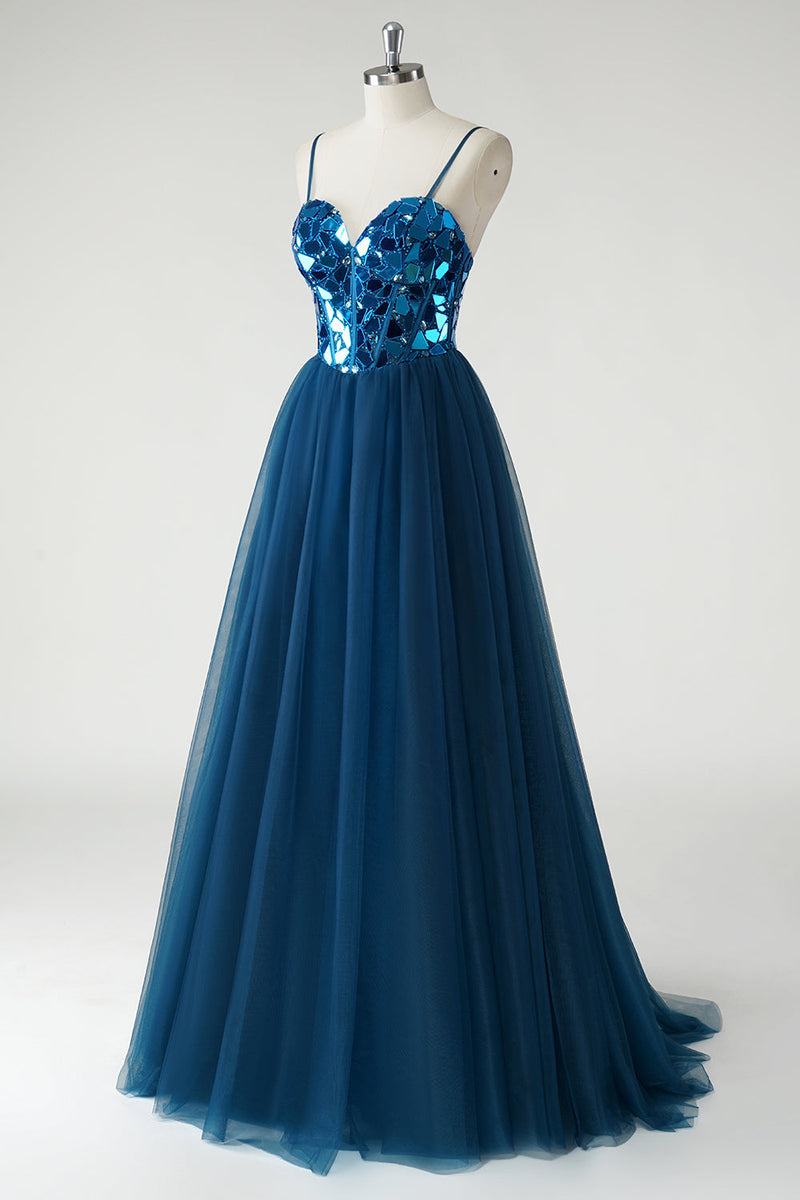 Load image into Gallery viewer, Sparkly Dark Blue Mirror A-Line Long Prom Dress