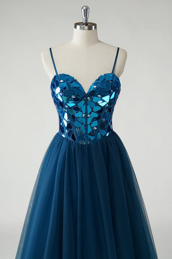 Sparkly Dark Blue Mirror A-Line Long Prom Dress