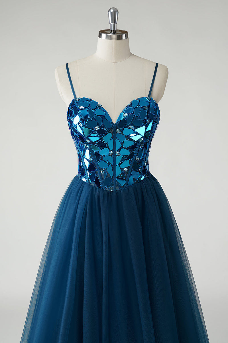 Load image into Gallery viewer, Sparkly Dark Blue Mirror A-Line Long Prom Dress