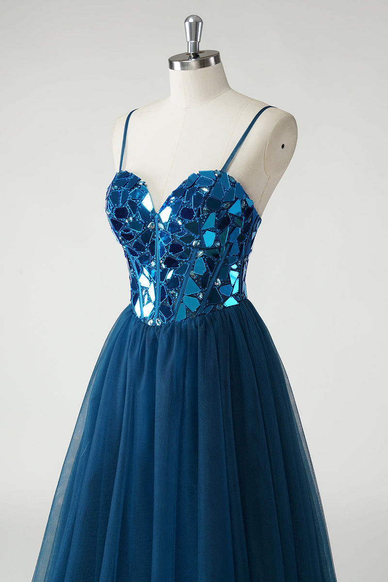 Load image into Gallery viewer, Sparkly Dark Blue Mirror A-Line Long Prom Dress