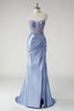 Load image into Gallery viewer, Sparkly Blue Mermaid Satin Floral Long Prom Dress with Slit