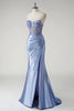 Load image into Gallery viewer, Sparkly Blue Mermaid Satin Floral Long Prom Dress with Slit