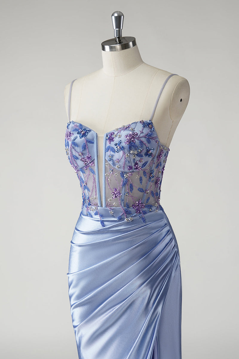 Load image into Gallery viewer, Sparkly Blue Mermaid Satin Floral Long Prom Dress with Slit