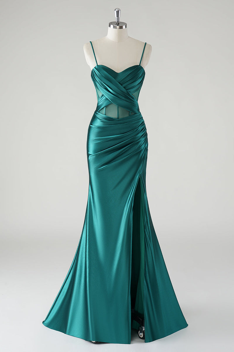 Load image into Gallery viewer, Dark Green Satin Spaghetti Straps Mermaid Prom Dress