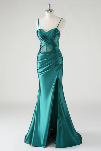 Dark Green Satin Spaghetti Straps Mermaid Prom Dress