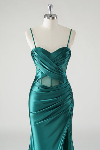 Dark Green Satin Spaghetti Straps Mermaid Prom Dress