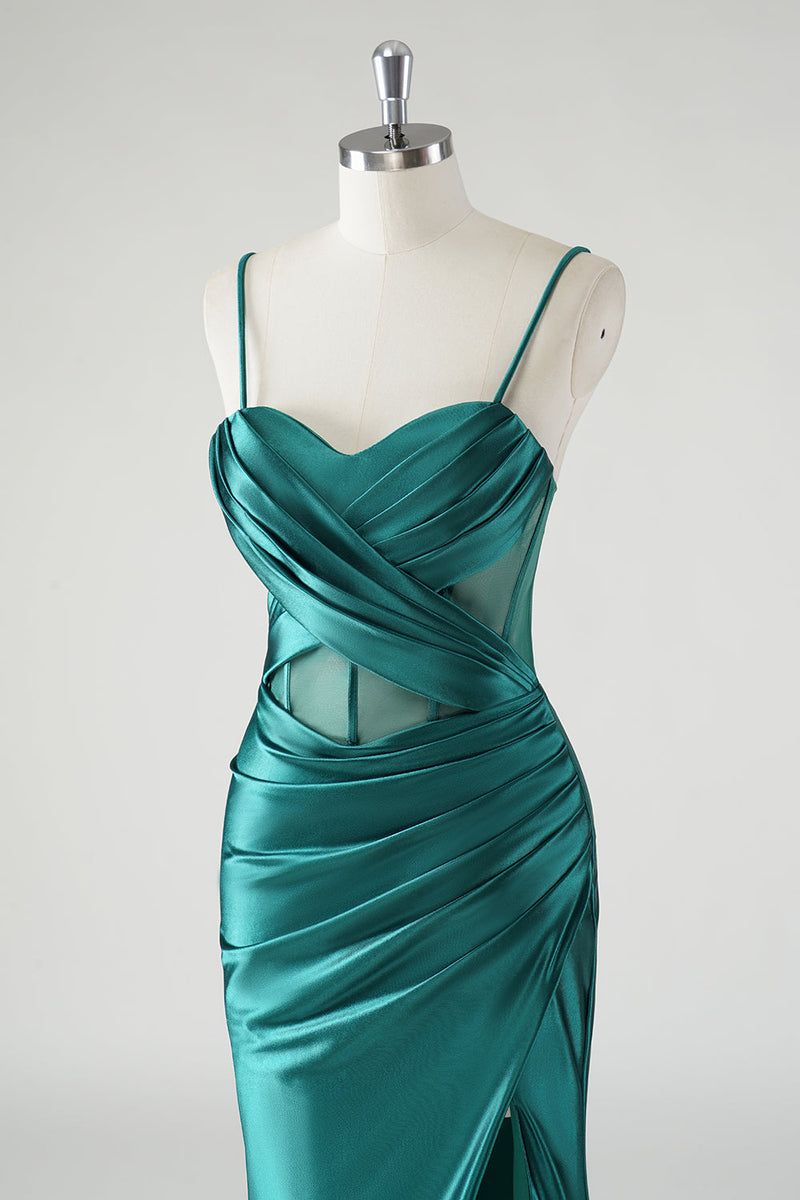 Load image into Gallery viewer, Dark Green Satin Spaghetti Straps Mermaid Prom Dress