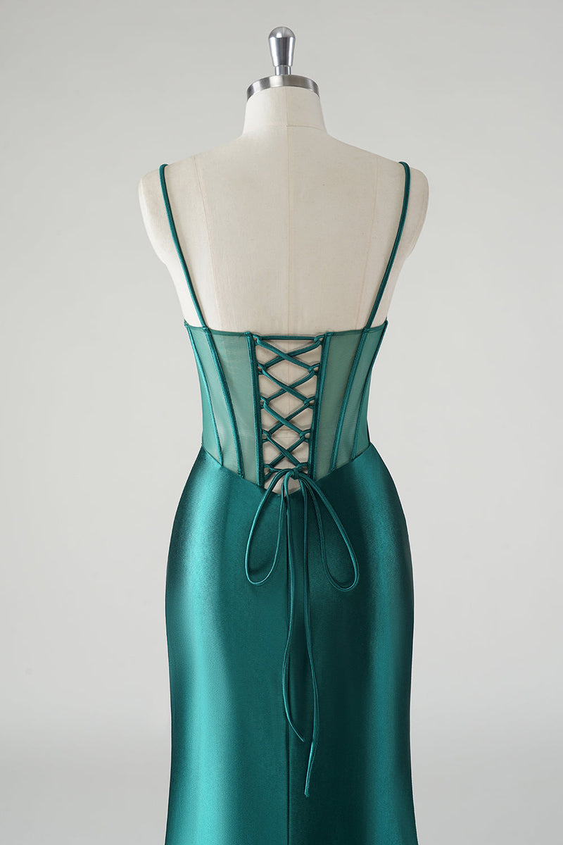 Load image into Gallery viewer, Dark Green Satin Spaghetti Straps Mermaid Prom Dress