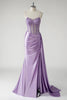 Load image into Gallery viewer, Sparkly Purple Corset Satin Side Cape Long Prom Dress with Slit