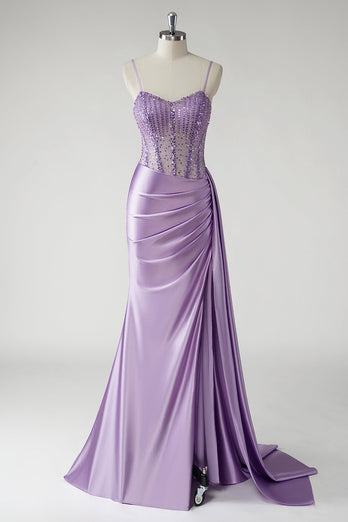 Sparkly Purple Corset Satin Side Cape Long Prom Dress with Slit