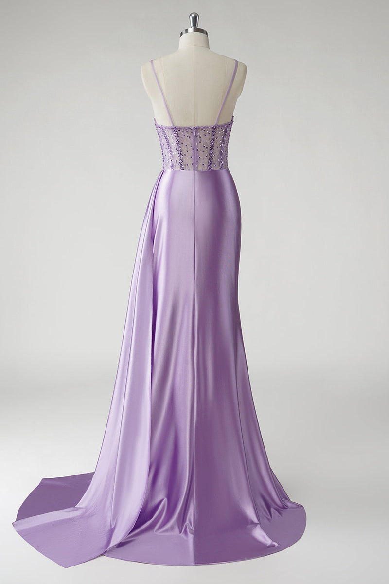 Load image into Gallery viewer, Sparkly Purple Corset Satin Side Cape Long Prom Dress with Slit