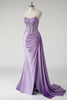 Load image into Gallery viewer, Sparkly Purple Corset Satin Side Cape Long Prom Dress with Slit