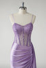 Load image into Gallery viewer, Sparkly Purple Corset Satin Side Cape Long Prom Dress with Slit