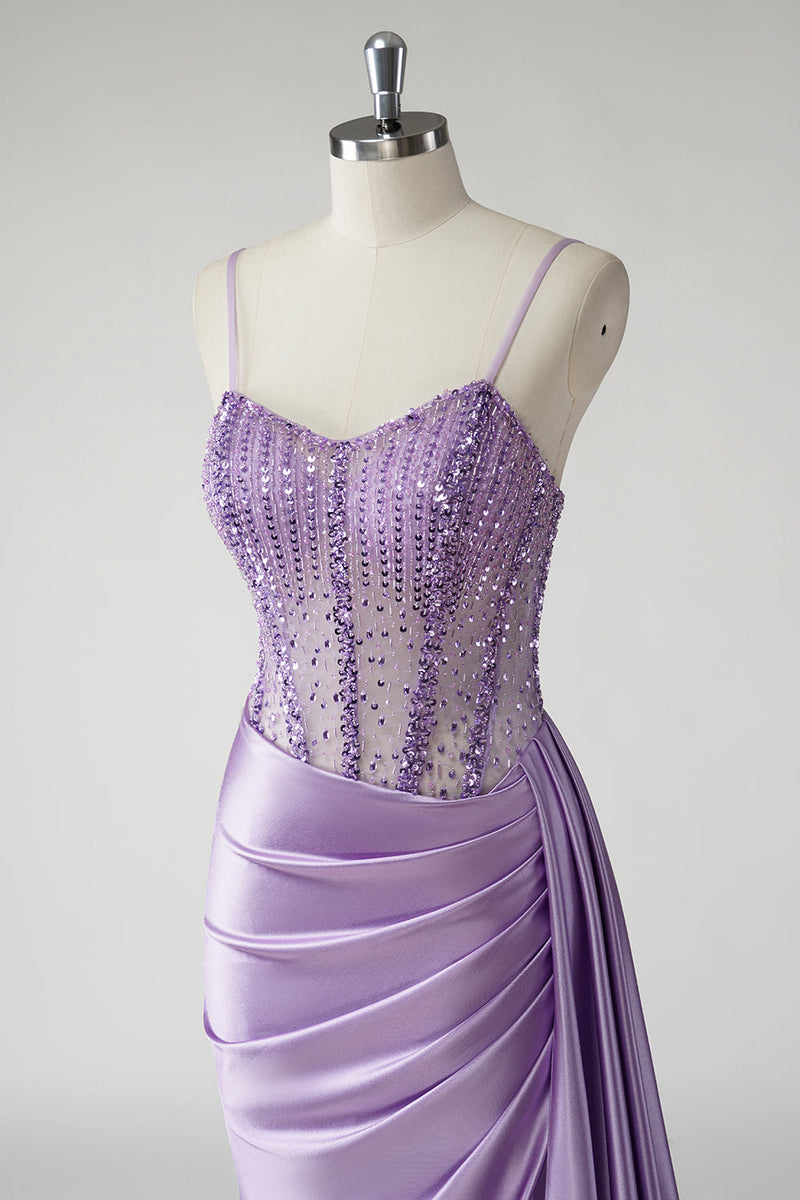 Load image into Gallery viewer, Sparkly Purple Corset Satin Side Cape Long Prom Dress with Slit