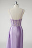 Load image into Gallery viewer, Sparkly Purple Corset Satin Side Cape Long Prom Dress with Slit